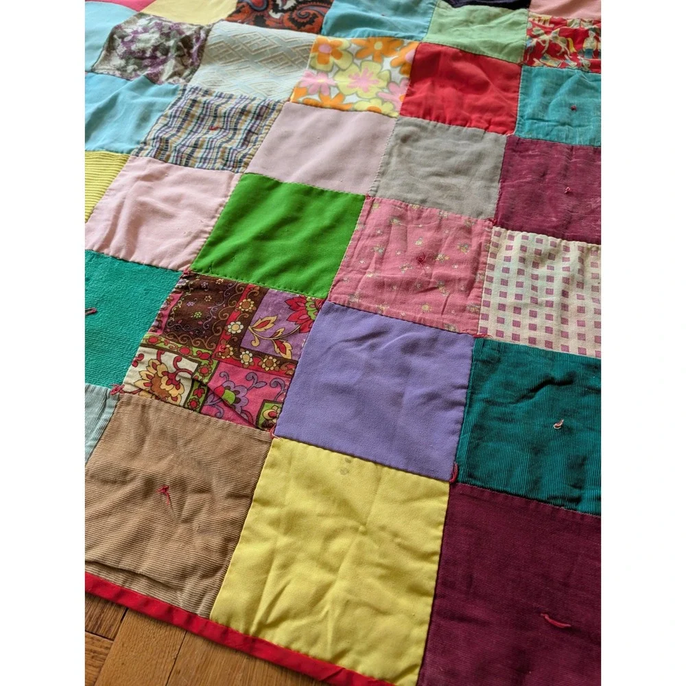 Vintage Handmade Patchwork Quilt Multi Color Block Repurpose Cutter 84x58 Cotton